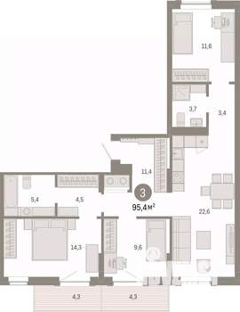 3-к квартира, вторичка, 95м2, 8/9 этаж