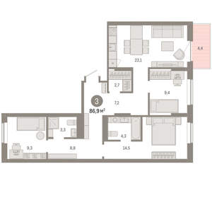 3-к квартира, вторичка, 87м2, 5/9 этаж