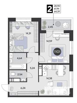 2-к квартира, строящийся дом, 64м2, 3/21 этаж