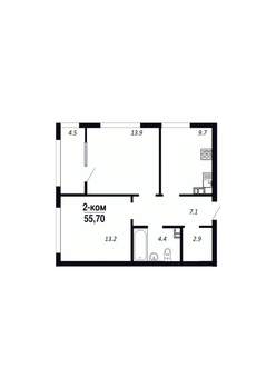 2-к квартира, строящийся дом, 56м2, 2/22 этаж