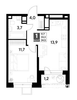 1-к квартира, строящийся дом, 35м2, 13/21 этаж