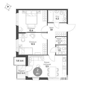 2-к квартира, строящийся дом, 59м2, 10/15 этаж