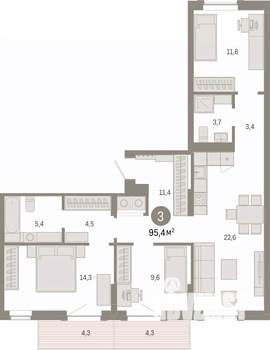 3-к квартира, вторичка, 95м2, 8/9 этаж