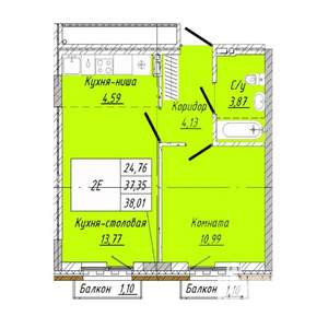 1-к квартира, строящийся дом, 38м2, 2/8 этаж
