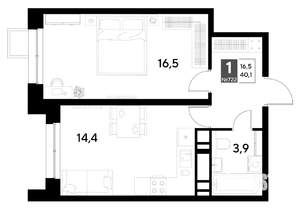1-к квартира, строящийся дом, 40м2, 13/21 этаж