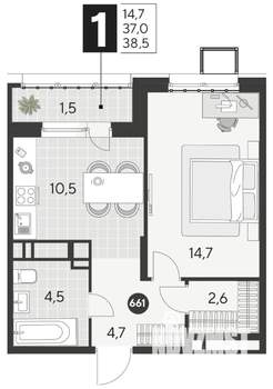 1-к квартира, строящийся дом, 39м2, 6/21 этаж