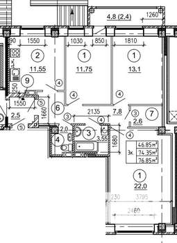 3-к квартира, строящийся дом, 77м2, 5/8 этаж