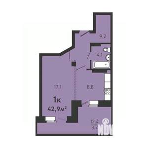 1-к квартира, строящийся дом, 39м2, 2/16 этаж