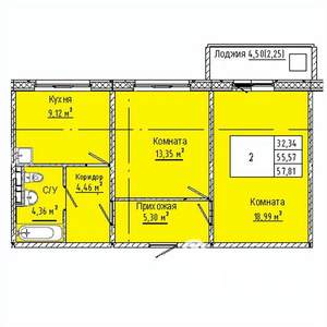 2-к квартира, вторичка, 58м2, 9/10 этаж