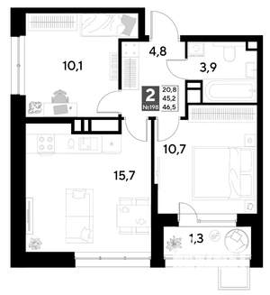 2-к квартира, строящийся дом, 47м2, 17/21 этаж