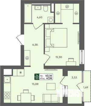 1-к квартира, строящийся дом, 47м2, 5/7 этаж