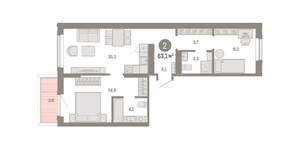 2-к квартира, вторичка, 63м2, 2/9 этаж