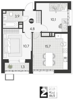 2-к квартира, строящийся дом, 47м2, 15/21 этаж