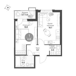 1-к квартира, строящийся дом, 44м2, 7/15 этаж