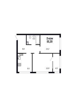 2-к квартира, строящийся дом, 55м2, 14/22 этаж
