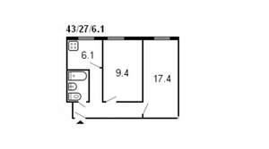 2-к квартира, вторичка, 43м2, 4/5 этаж