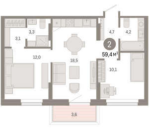 2-к квартира, вторичка, 59м2, 2/9 этаж