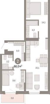 2-к квартира, вторичка, 66м2, 2/9 этаж