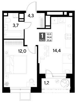1-к квартира, строящийся дом, 36м2, 10/21 этаж