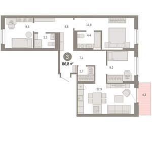 3-к квартира, вторичка, 87м2, 8/9 этаж