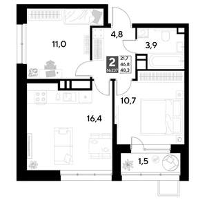 2-к квартира, строящийся дом, 48м2, 20/21 этаж