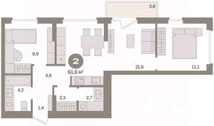 2-к квартира, вторичка, 62м2, 4/16 этаж