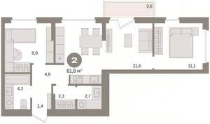 2-к квартира, вторичка, 62м2, 6/16 этаж