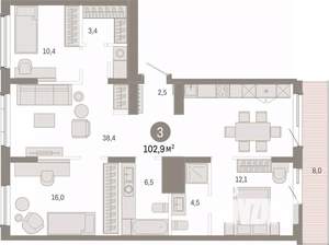 3-к квартира, вторичка, 103м2, 8/9 этаж