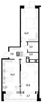 2-к квартира, строящийся дом, 64м2, 18/21 этаж