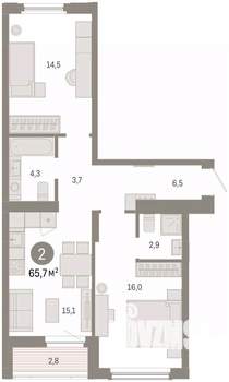 2-к квартира, вторичка, 66м2, 2/16 этаж