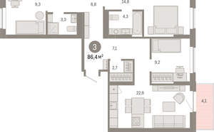3-к квартира, вторичка, 86м2, 9/9 этаж