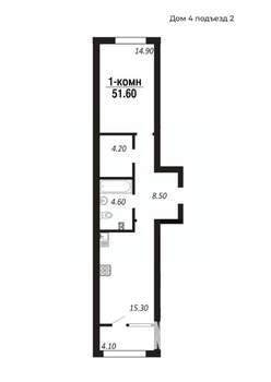 1-к квартира, строящийся дом, 52м2, 8/14 этаж