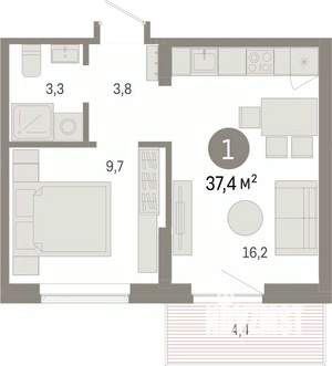 1-к квартира, вторичка, 37м2, 5/17 этаж