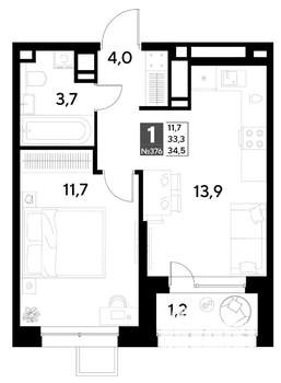 1-к квартира, строящийся дом, 35м2, 14/21 этаж