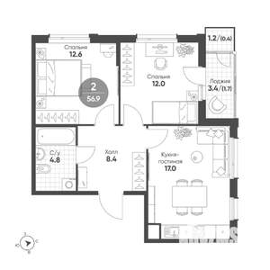 2-к квартира, строящийся дом, 57м2, 2/15 этаж