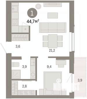 1-к квартира, вторичка, 45м2, 5/16 этаж