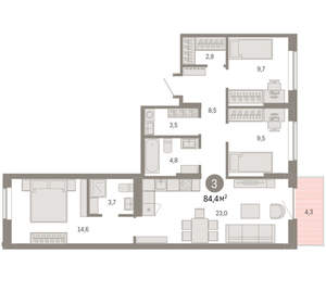 3-к квартира, вторичка, 84м2, 4/9 этаж