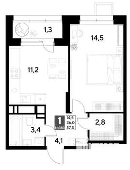 1-к квартира, вторичка, 37м2, 15/21 этаж
