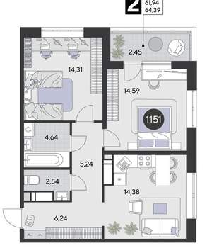 2-к квартира, строящийся дом, 64м2, 8/21 этаж