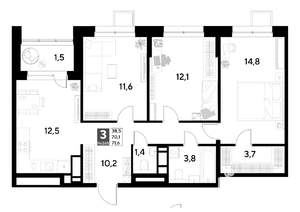3-к квартира, строящийся дом, 72м2, 2/21 этаж