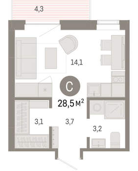 Студия квартира, вторичка, 28м2, 7/9 этаж