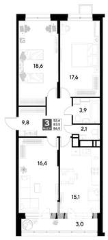 3-к квартира, строящийся дом, 87м2, 19/21 этаж