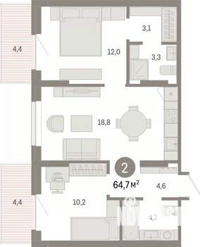 2-к квартира, вторичка, 65м2, 4/17 этаж