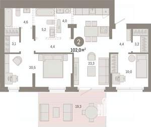 2-к квартира, вторичка, 102м2, 1/9 этаж
