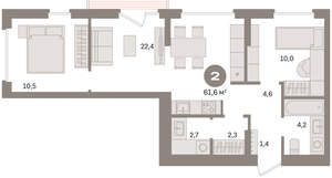 2-к квартира, вторичка, 62м2, 4/16 этаж
