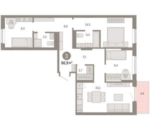 3-к квартира, вторичка, 87м2, 6/9 этаж