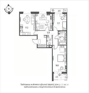 3-к квартира, строящийся дом, 87м2, 7/12 этаж