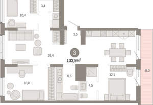 3-к квартира, вторичка, 103м2, 8/9 этаж