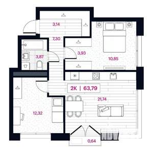 2-к квартира, вторичка, 64м2, 4/15 этаж