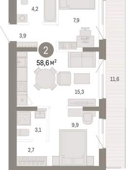 2-к квартира, вторичка, 59м2, 7/9 этаж